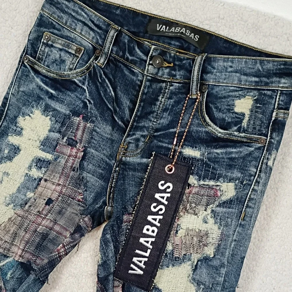 Valabasas Jeans Distressed Patchwork Men 30 Blue Slim Stacked Streetwear Denim
